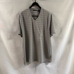 Perry Ellis Gray Striped V-Neck Tee